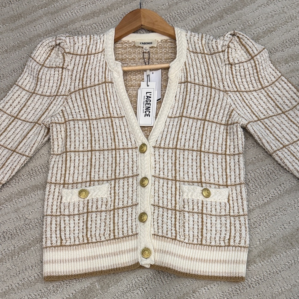 L'AGENCE Beige and Off-White Knit Cardigan